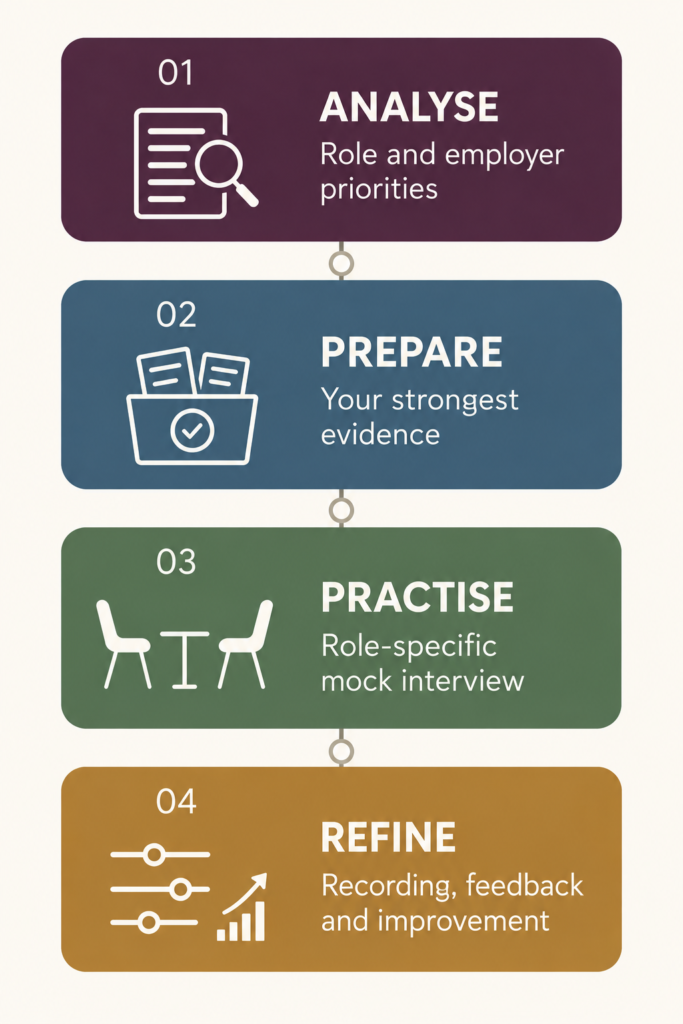 Four-step interview coaching process- analyse, prepare, practise and refine