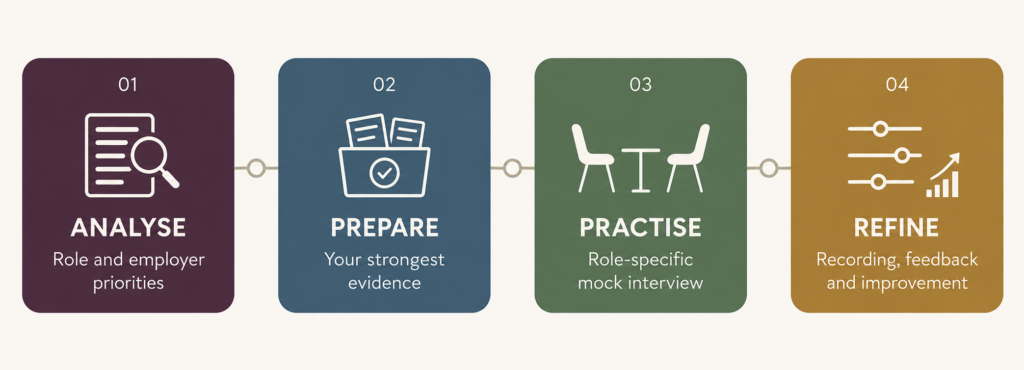 Four-step interview coaching process- analyse, prepare, practise and refine